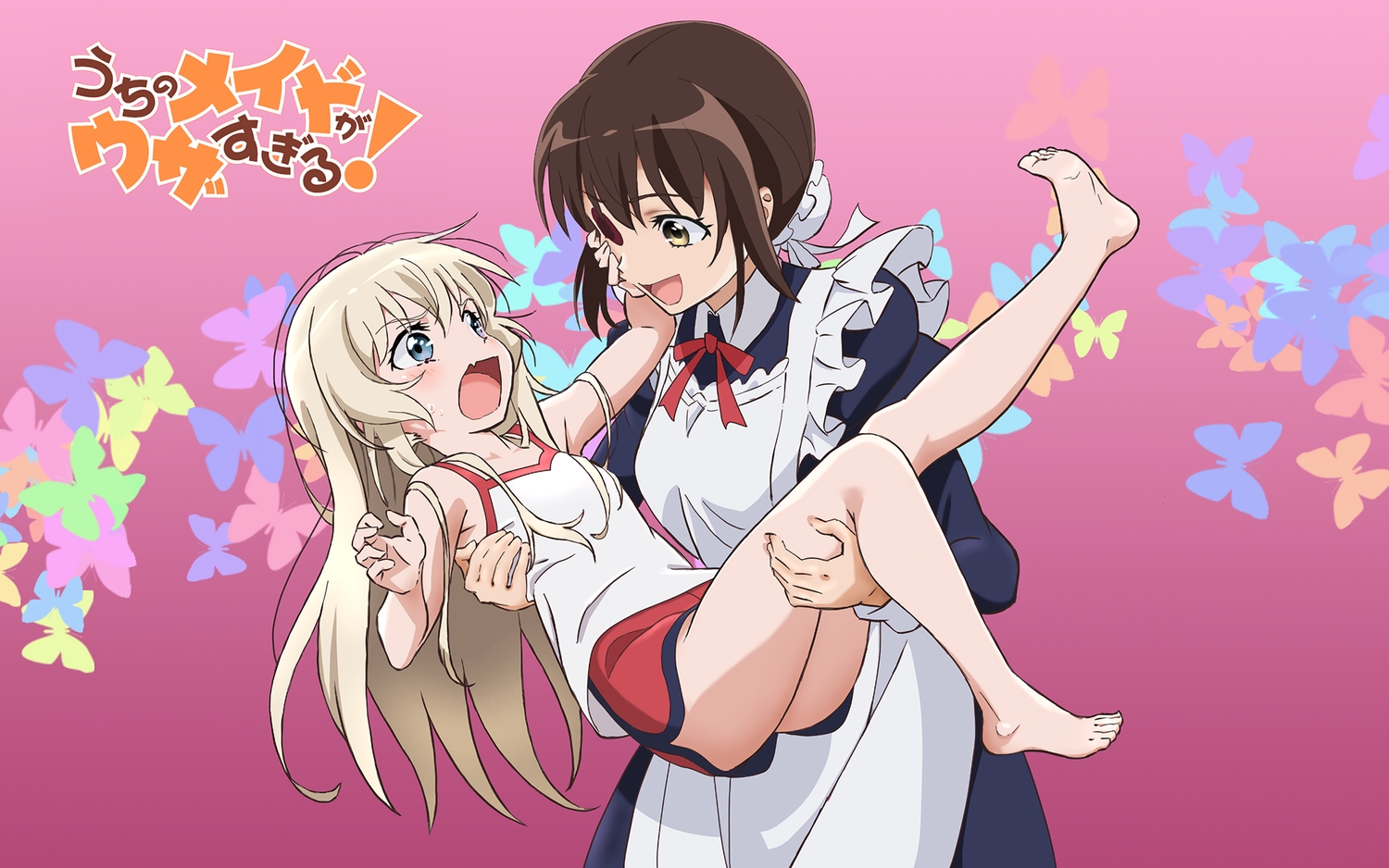 2girls, barefoot, eyepatch, kamoi_tsubame, loli, maid, tagme_(artist), takanashi_misha, uchi_no_maid_ga_uzasugiru!