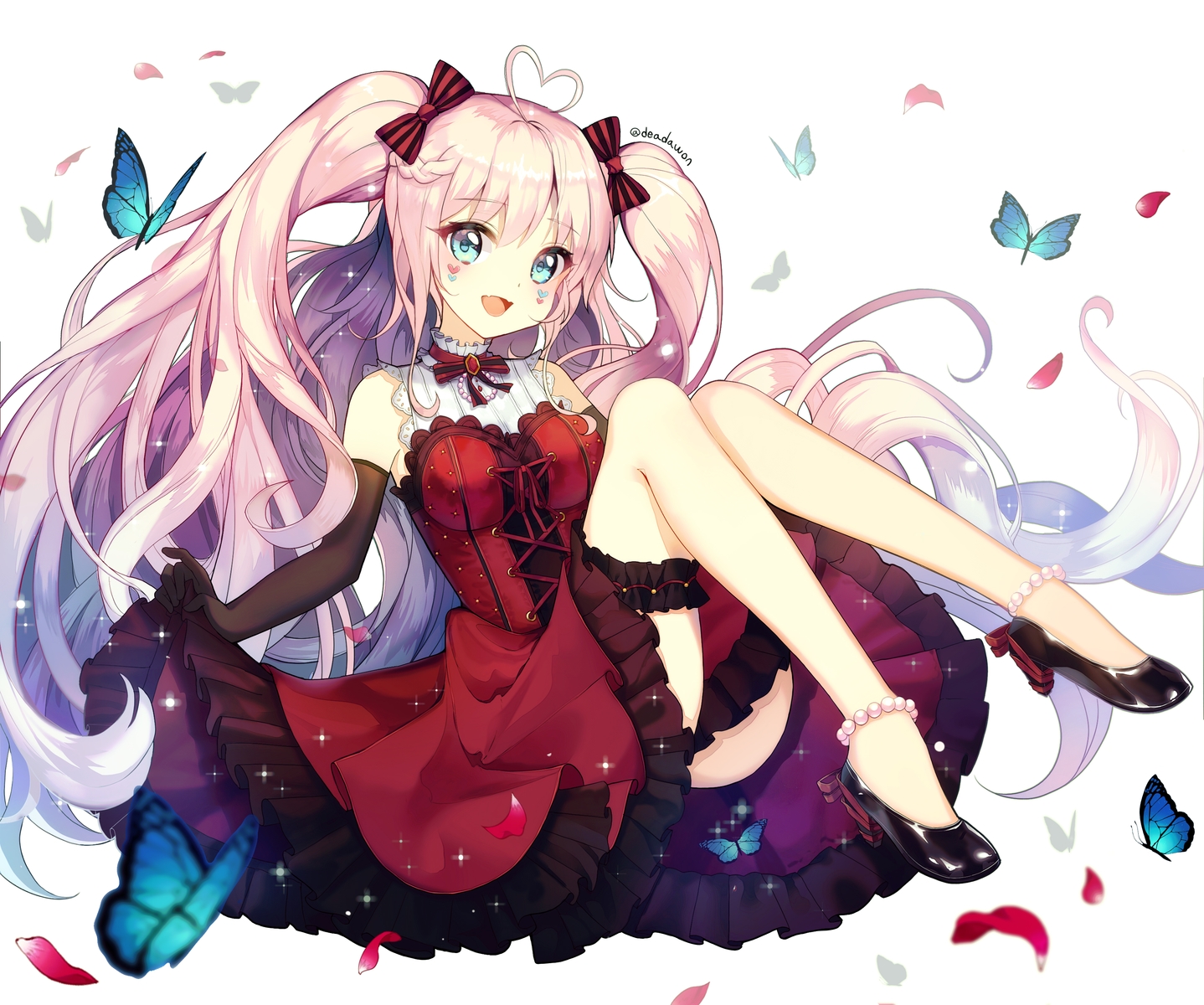 aqua_eyes, butterfly, dress, elbow_gloves, fang, gloves, long_hair, original, pink_hair, signed, twintails, yuna_(deadawon)