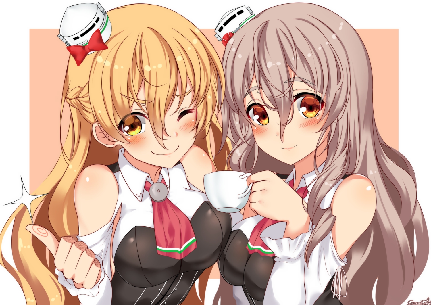 2girls, anthropomorphism, blonde_hair, blush, bow, braids, breasts, brown_hair