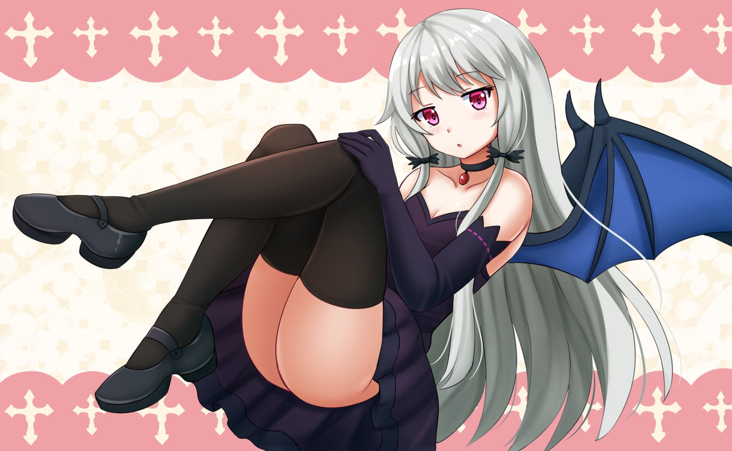 choker, cross, dress, elbow_gloves, gloves, gray_hair, kazenokaze, long_hair