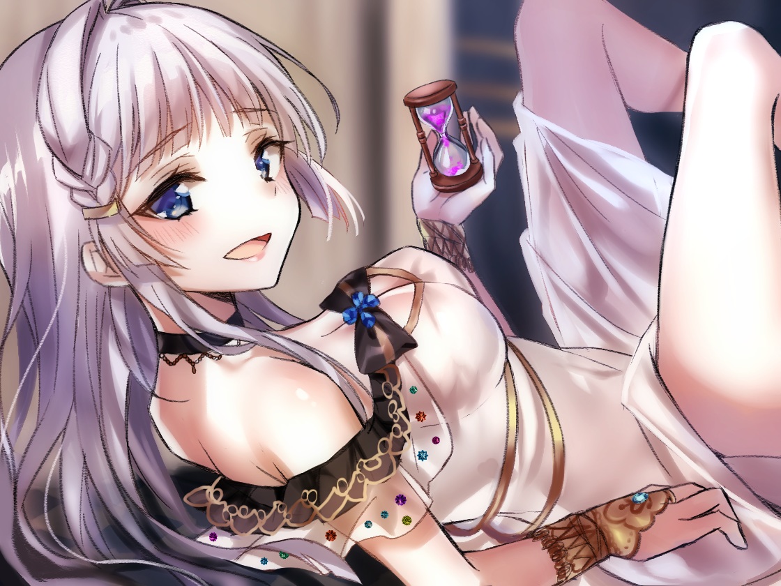 blue_eyes, blush, braids, breasts, choker, cleavage, dress, gloves, long_hair, natsuki_iori, original, white_hair