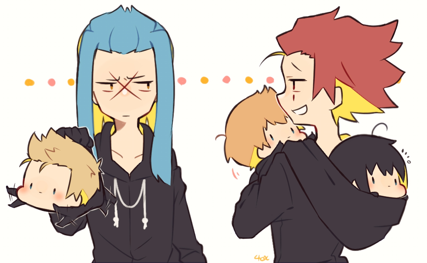 axel, black_hair, blonde_hair, blue_eyes, blue_hair, brown_eyes, brown_hair, chibi, demyx, group, hood, kingdom_hearts, kitsune_no_ko, long_hair, male, red_eyes, red_hair, roxas, saix, scar, short_hair, signed, waifu2x, xion