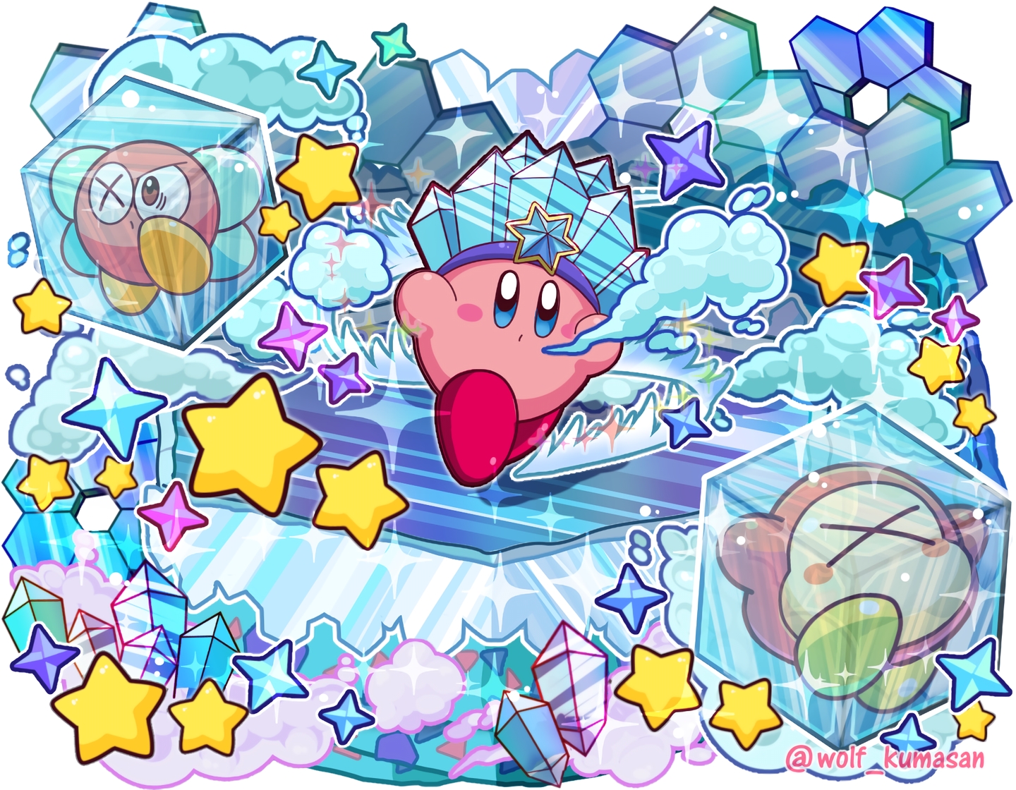 bronto_burt, crown, kirby, kirby_(character), ninjya_palette, stars, waddle_dee, waifu2x