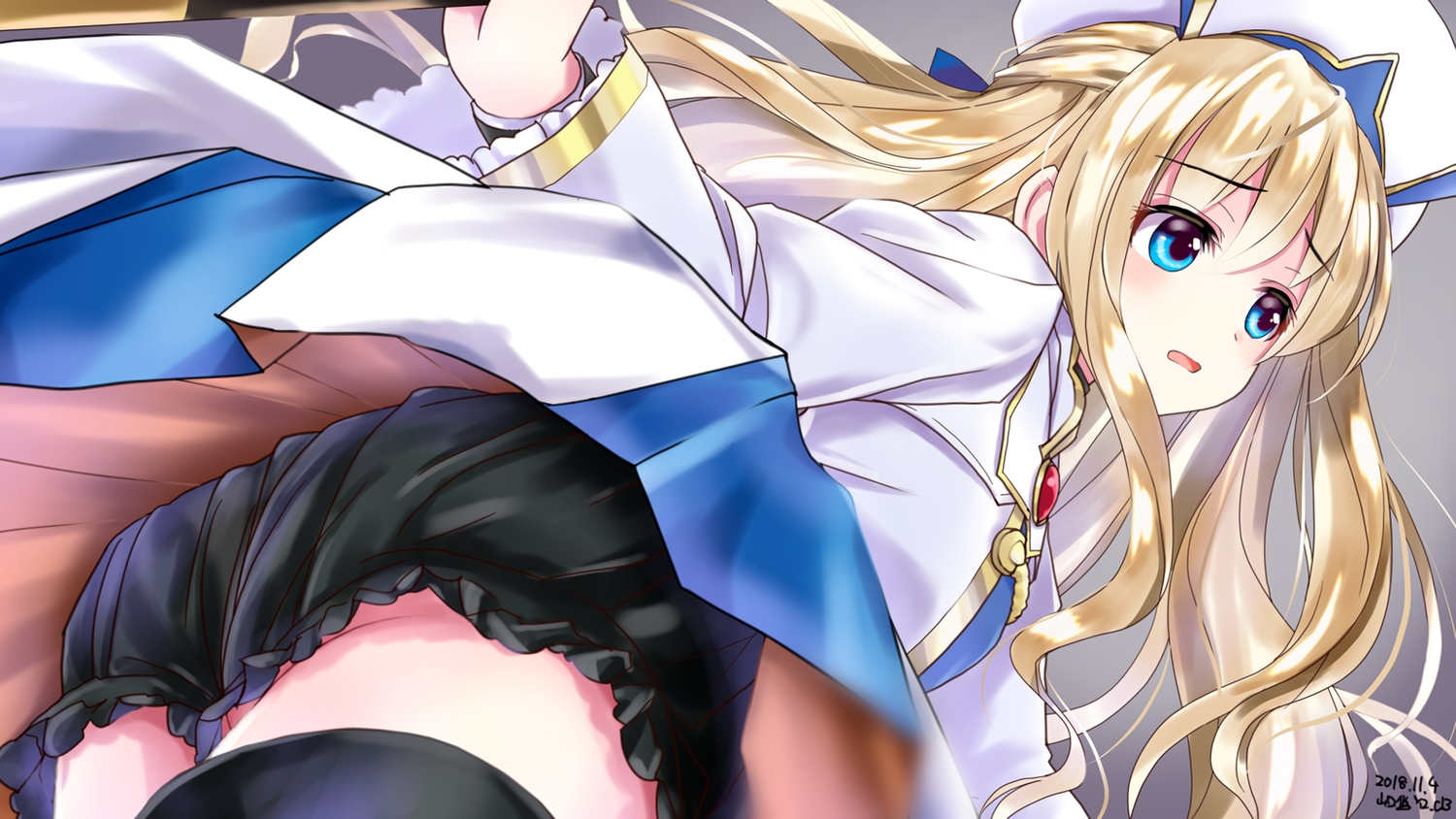 aqua_eyes, blonde_hair, bloomers, close, goblin_slayer!, hat, long_hair, priestess_(goblin_slayer!), signed, upskirt, waifu2x, yamaguchi_yuu