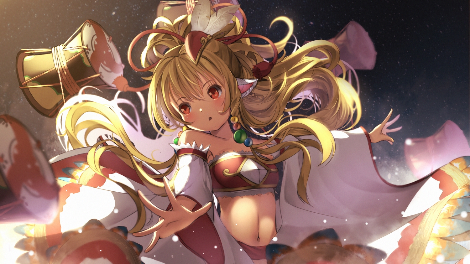animal_ears, blonde_hair, drums, feathers, granblue_fantasy, ilham, instrument, long_hair