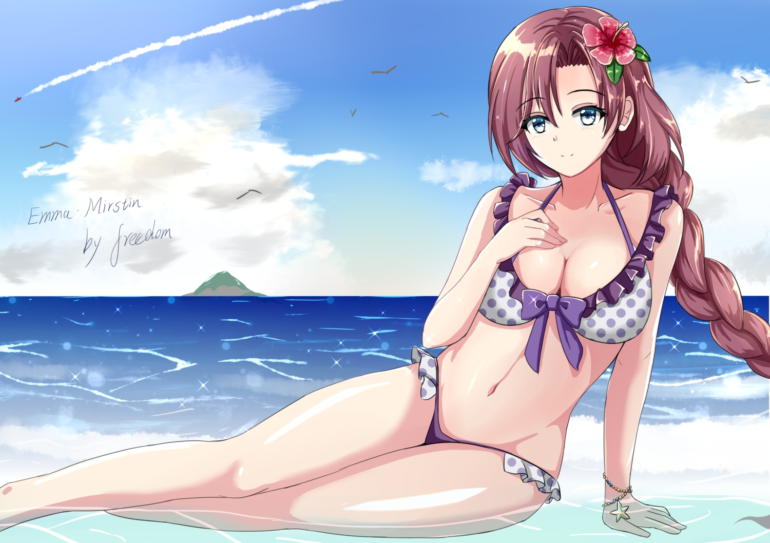 animal, aqua_eyes, beach, bikini, bird, braids, breast_hold, breasts