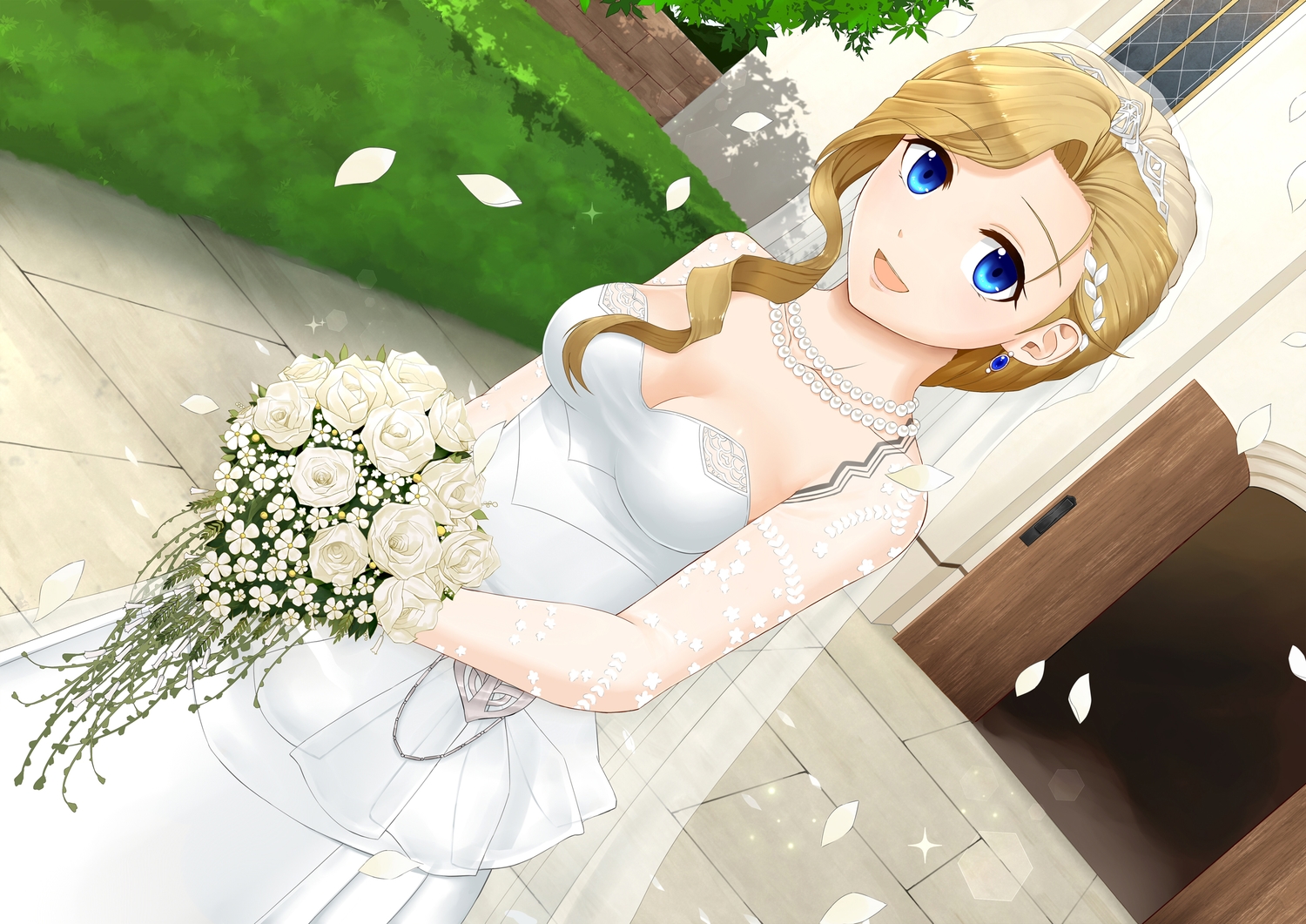 anthropomorphism, aqua_eyes, azur_lane, blonde_hair, breasts, cleavage, dress, flowers, headdress, hood_(azur_lane), long_hair, necklace, pazuzu438, petals, tiara, wedding_attire