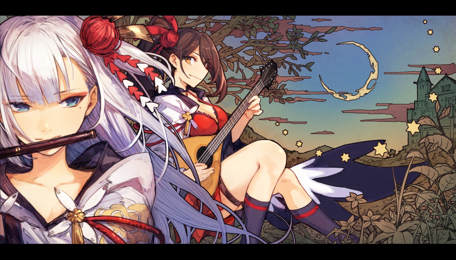 2girls, anthropomorphism, aqua_eyes, azur_lane, breasts, brown_hair, building, cleavage