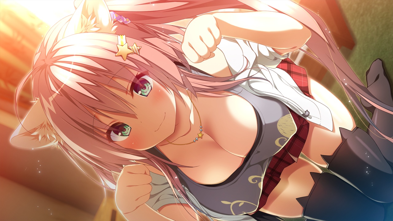 animal_ears, blush, breasts, catgirl, cleavage, erect_nipples, game_cg, green_eyes, kino_(kino_konomi), long_hair, minori, miyakaze_yuuri, pink_hair, thighhighs, trinoline, twintails, zettai_ryouiki