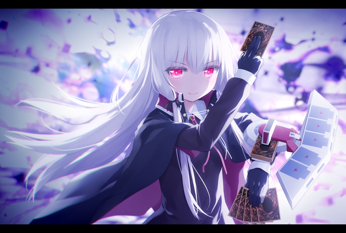 cape, crossover, gloves, haribote_(tarao), long_hair, pink_eyes, sophie_twilight, tonari_no_kyuuketsuki-san, white_hair, yu-gi-oh
