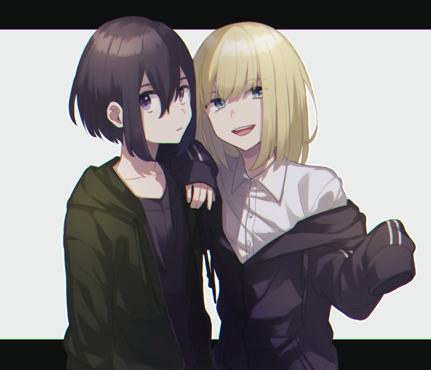 black_hair, blonde_hair, green_eyes, hood, original, purple_eyes, shirt, short_hair, unapoppo
