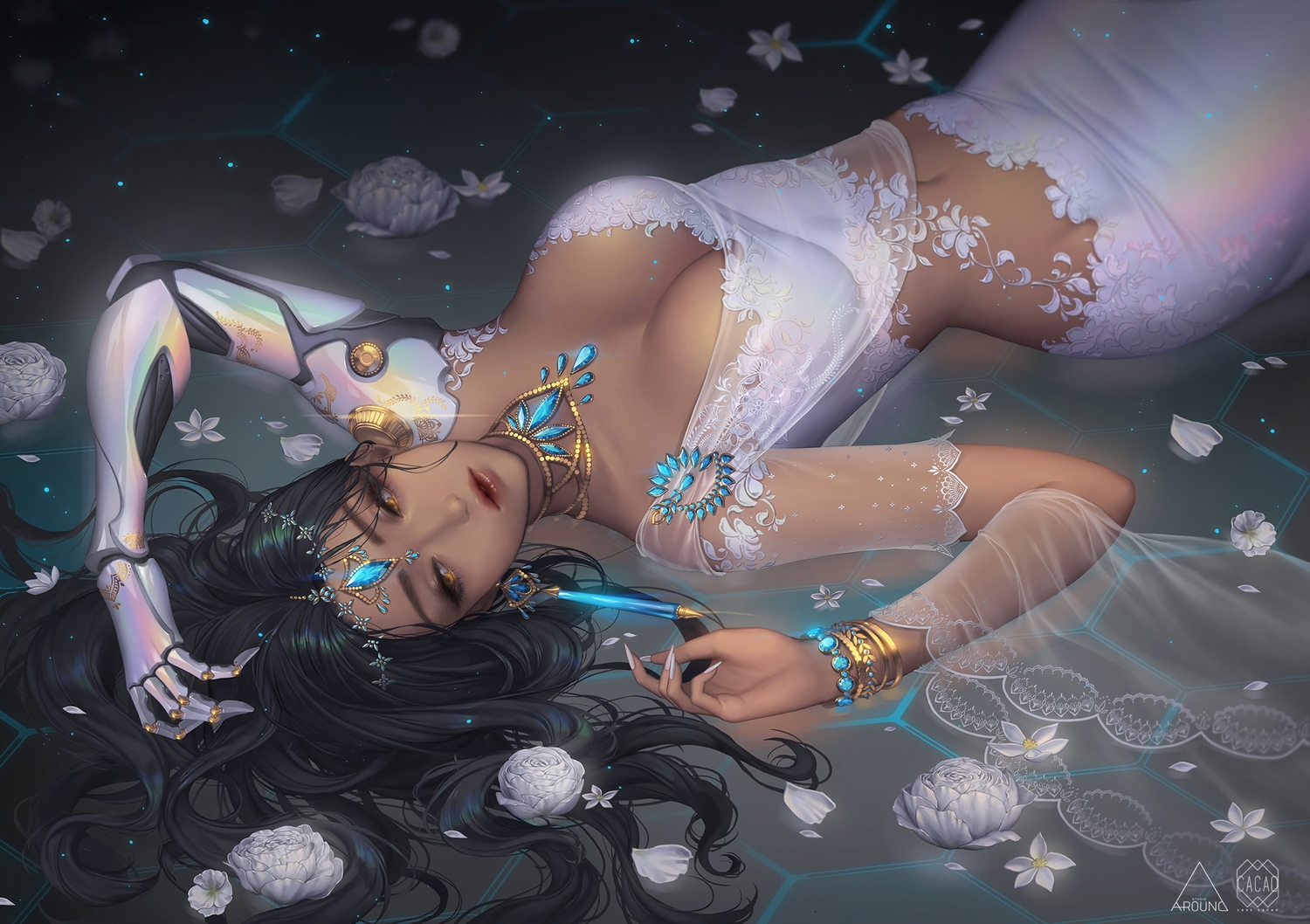 black_hair, breasts, cleavage, dark_skin, dress, flowers, headdress, long_hair, love_cacao, navel, necklace, orange_eyes, overwatch, petals, symmetra, techgirl, wedding_attire, wristwear
