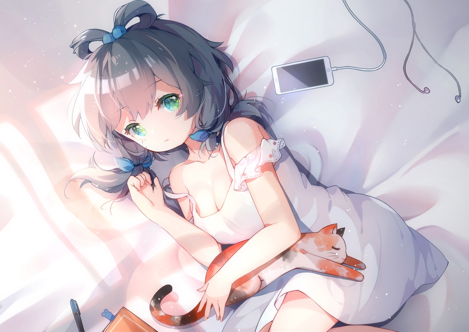 animal, bed, book, breasts, cat, cleavage, dress, gray_hair, green_eyes, headphones, jpeg_artifacts, luo_tianyi, phone, rokusai, twintails, vocaloid, vsinger