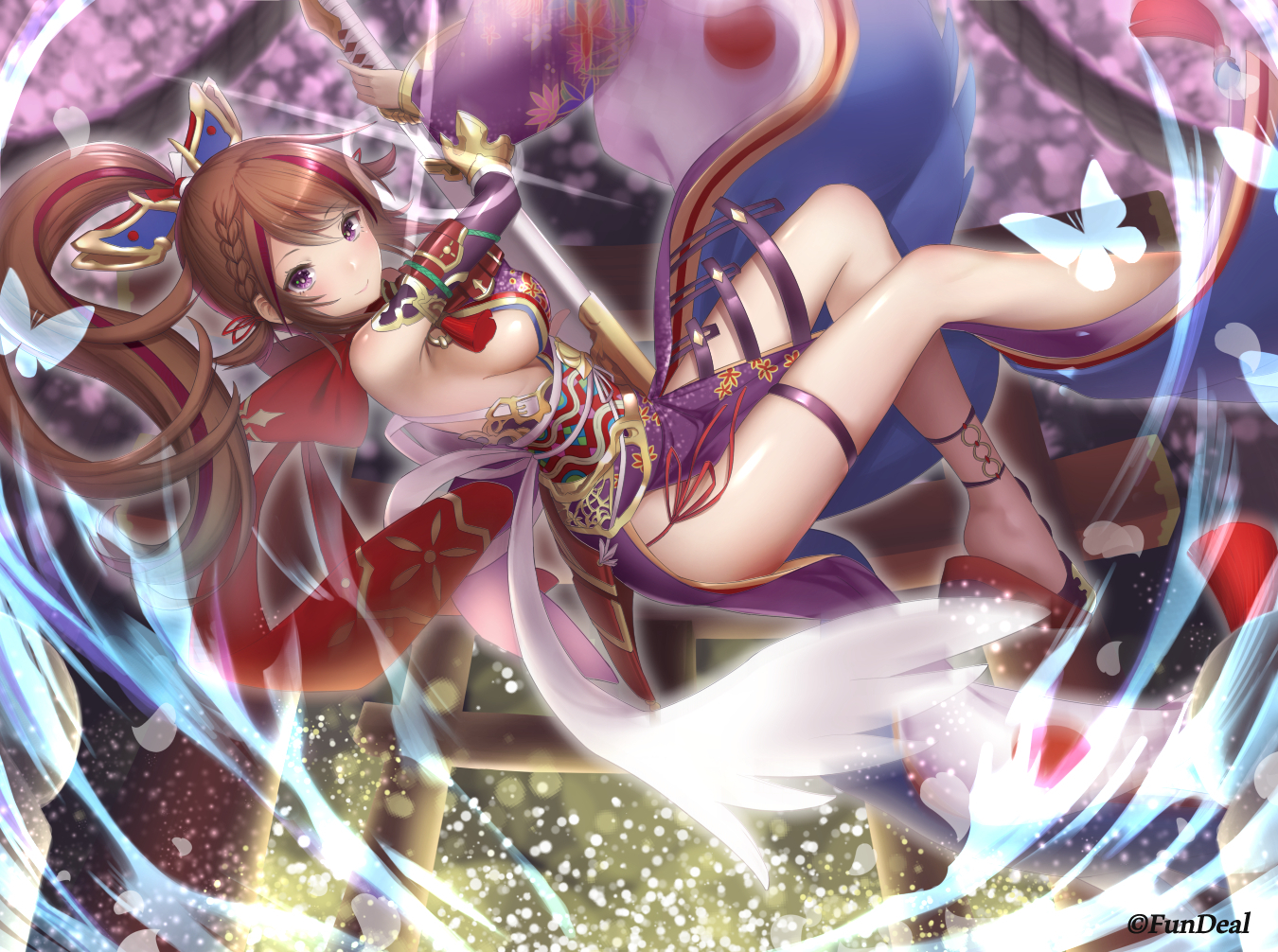 braids, breasts, brown_hair, butterfly, garter, japanese_clothes, long_hair, magic