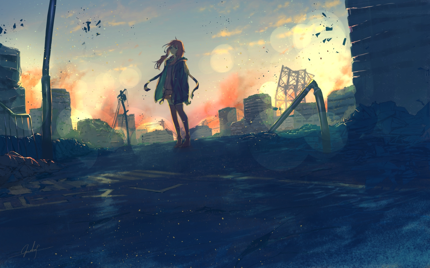 building, clouds, goroku, long_hair, ruins, scenic, signed, sky, sunset, vocaloid, voiceroid, yuzuki_yukari