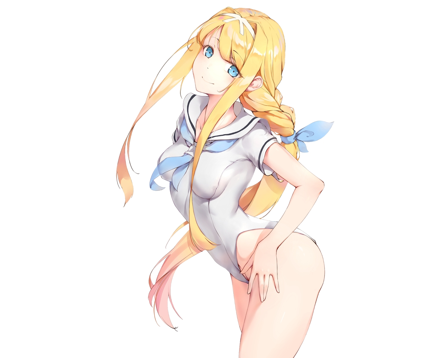 alice_zuberg, aqua_eyes, blonde_hair, braids, fono, headband, leotard, long_hair, ponytail, school_uniform, sword_art_online, third-party_edit, white