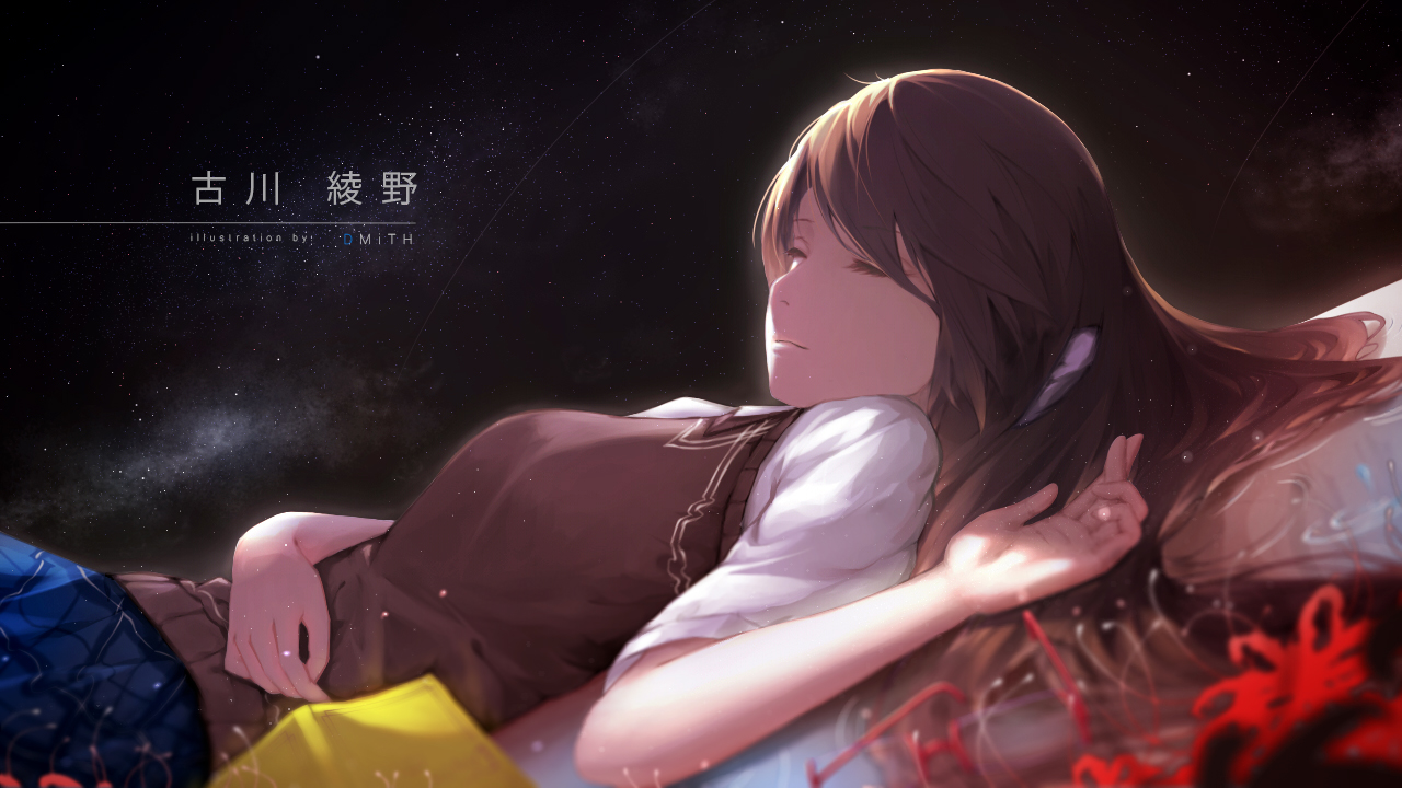 bagus_casbon, brown_hair, flowers, long_hair, original, school_uniform, sleeping, space