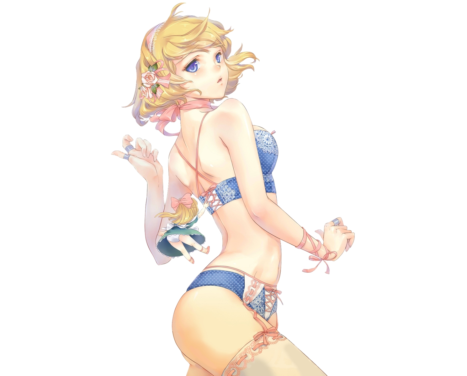 alice_margatroid, blonde_hair, blue_eyes, bra, choker, esha, garter_belt, headband