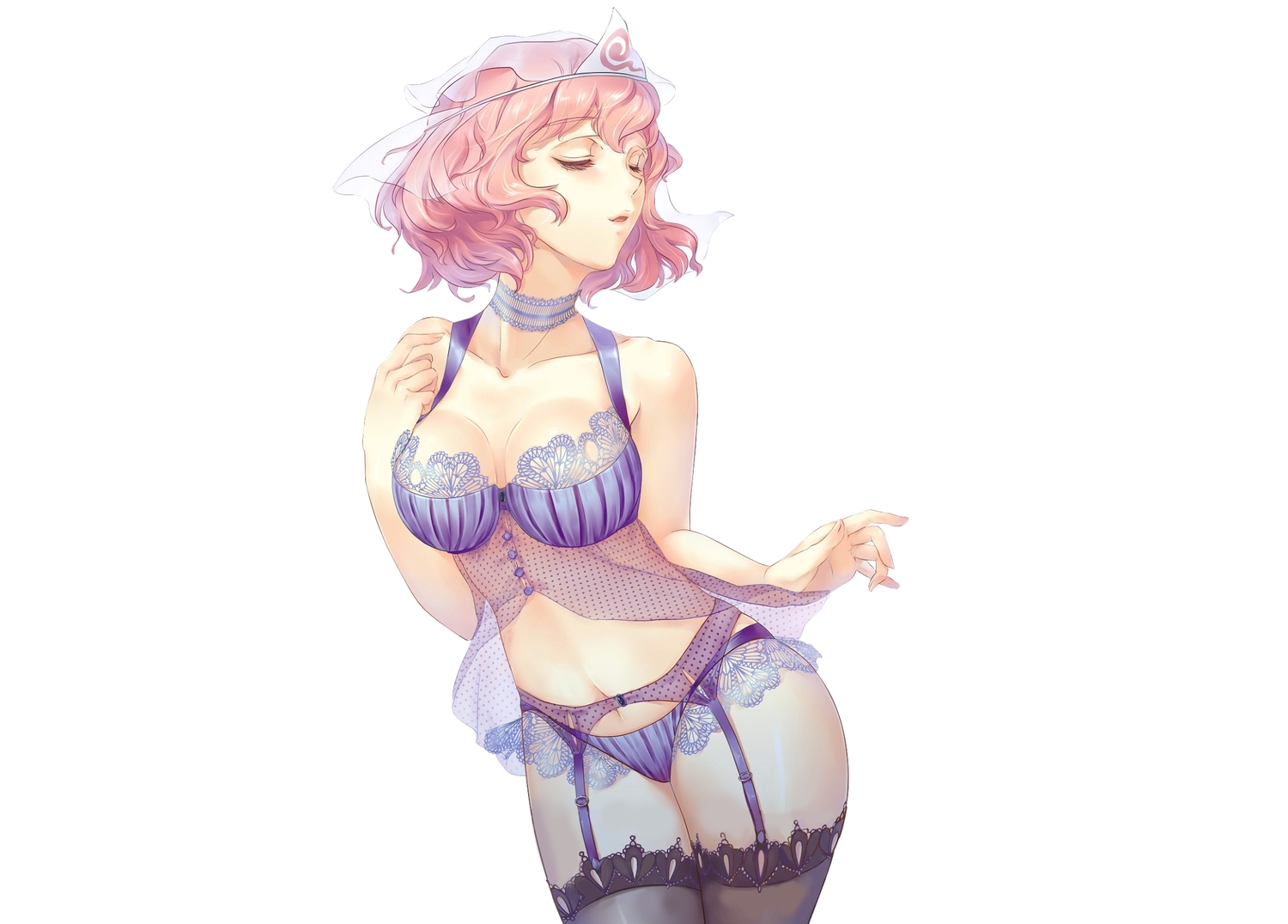bra, breasts, choker, esha, garter_belt, headdress, navel, panties, pink_hair, saigyouji_yuyuko, short_hair, stockings, thighhighs, third-party_edit, touhou, underwear, white