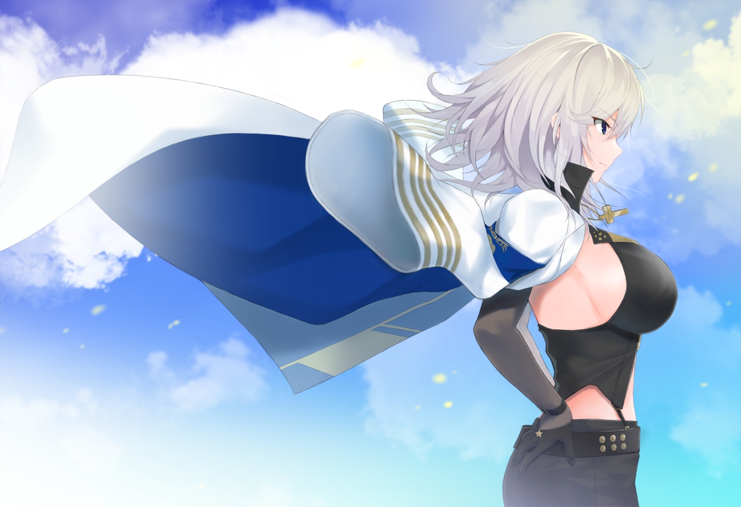 anthropomorphism, azur_lane, blue_eyes, breasts, clouds, cross, elbow_gloves, gloves