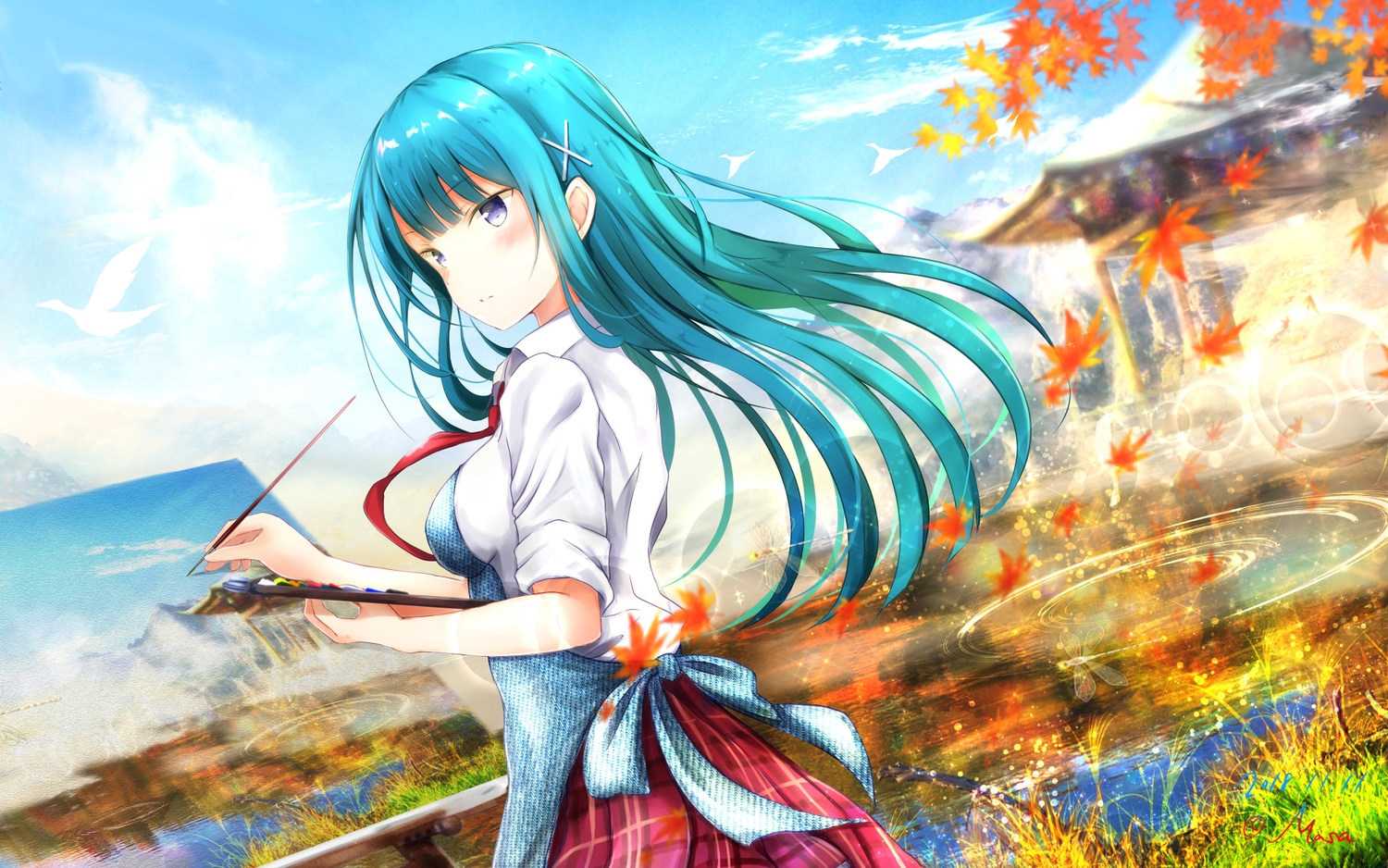 animal, apron, aqua_hair, autumn, bird, blue_eyes, blush, chiyoura_ayame, clouds, girlfriend_(kari), grass, leaves, long_hair, masa_(mirage77), signed, skirt, sky, water