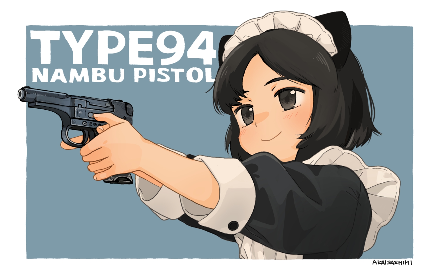 akai_sashimi, animal_ears, apron, black_eyes, black_hair, close, gun, headdress