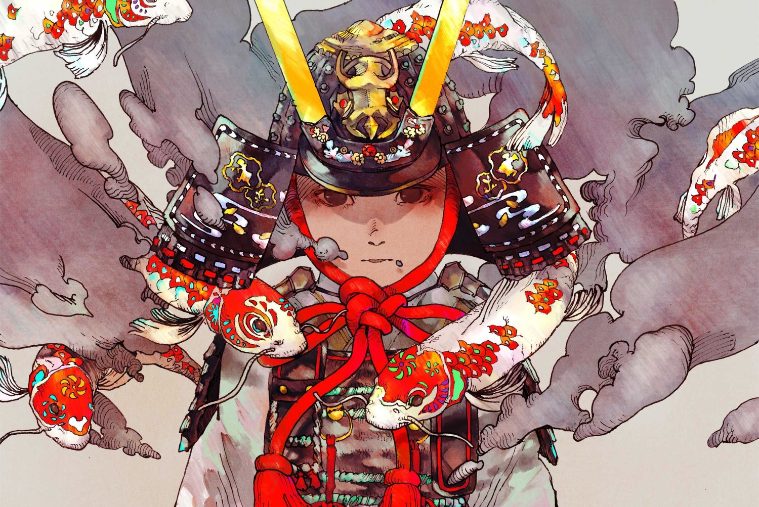 animal, armor, brown_eyes, fish, original, samurai, satomatoma