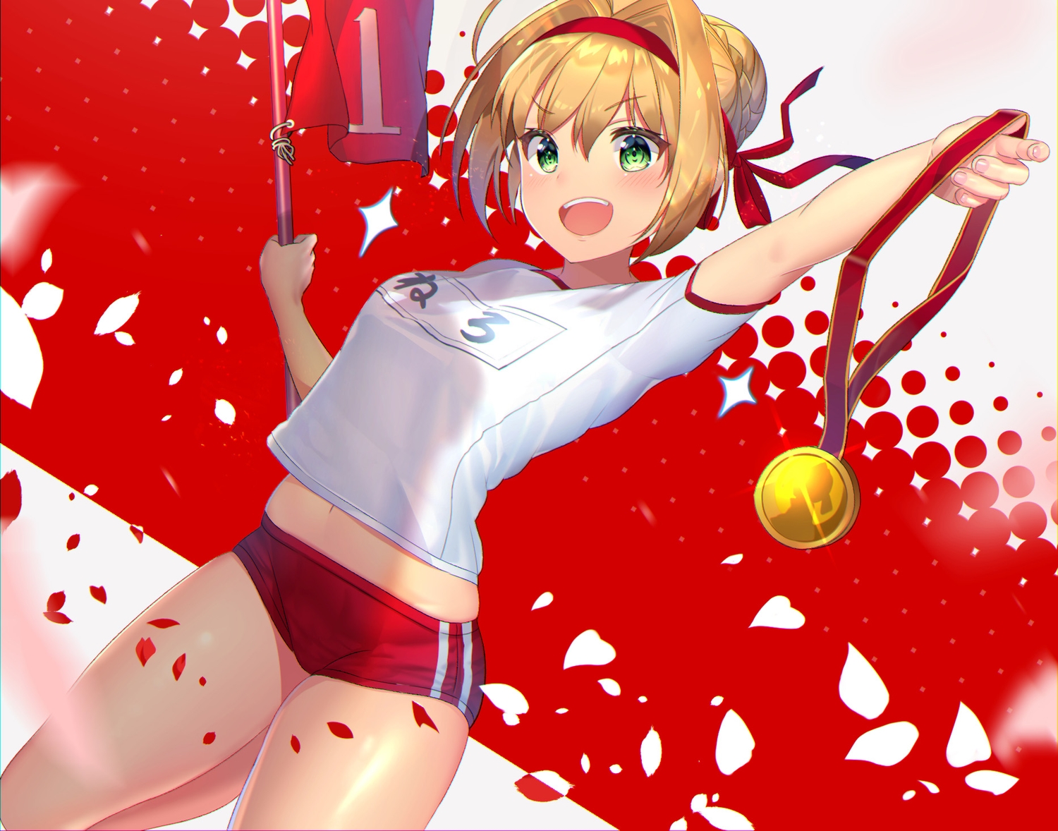 aliasing, blonde_hair, blush, braids, fate/grand_order, fate_(series), green_eyes, gym_uniform, headband, navel, nayuta_(una), nero_claudius_(fate), petals, red, ribbons, short_hair, shorts