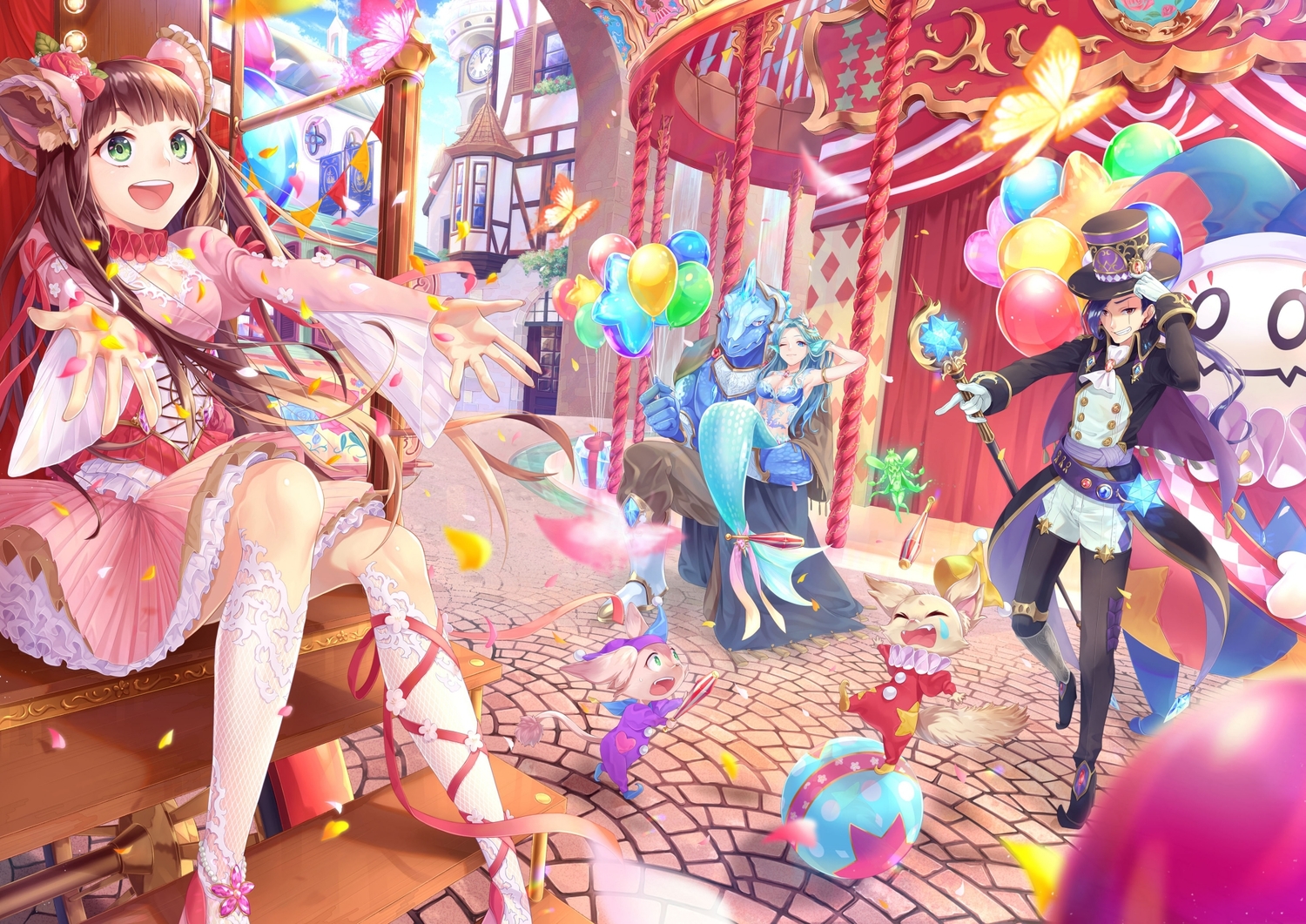 animal, animal_ears, aqua_eyes, aqua_hair, ball, blue_hair, breasts, brown_eyes, brown_hair, building, butterfly, cape, city, cleavage, fairy, feathers, gloves, green_eyes, lolita_fashion, long_hair, male, mermaid, original, para_sitism, petals, ribbons, short_hair, tail, wink