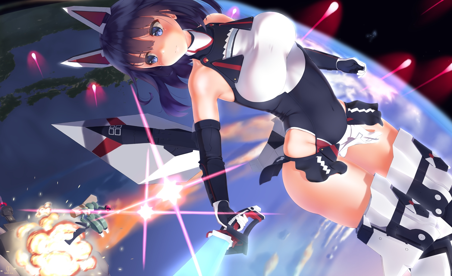 agatsuma_kaede, alice_gear_aegis, armor, blue_eyes, blush, bodysuit, earth, elbow_gloves, etsunami_kumita, gloves, mechagirl, planet, purple_hair, signed, thighhighs, weapon