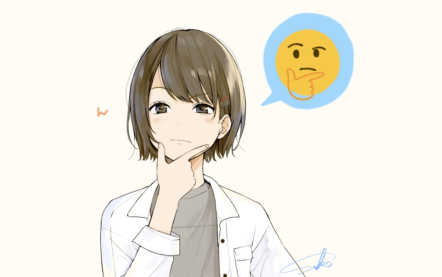 blush, brown_eyes, brown_hair, original, parody, sako_(user_ndpz5754), short_hair, signed