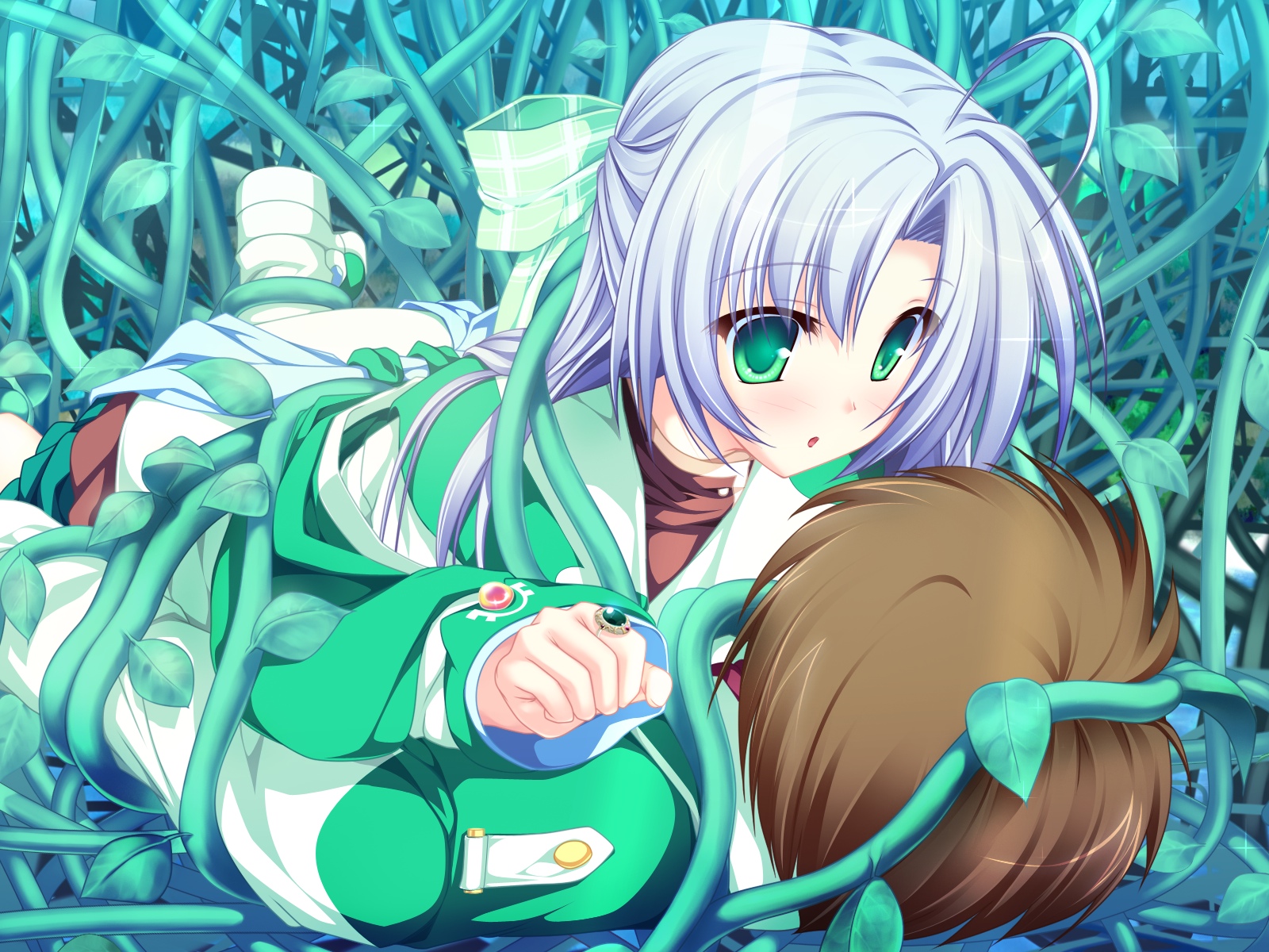 alicia_infans, bow, game_cg, green_eyes, long_hair, magus_tale, purple_hair, school_uniform, tenmaso, whirlpool
