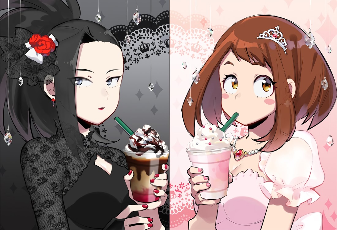 2girls, black_hair, boku_no_hero_academia, breasts, brown_hair, candy, chocolate, cleavage, dress, drink, gothic, gray_eyes, jinno_(megacake), long_hair, necklace, orange_eyes, ponytail, short_hair, uraraka_ochako, yaoyorozu_momo