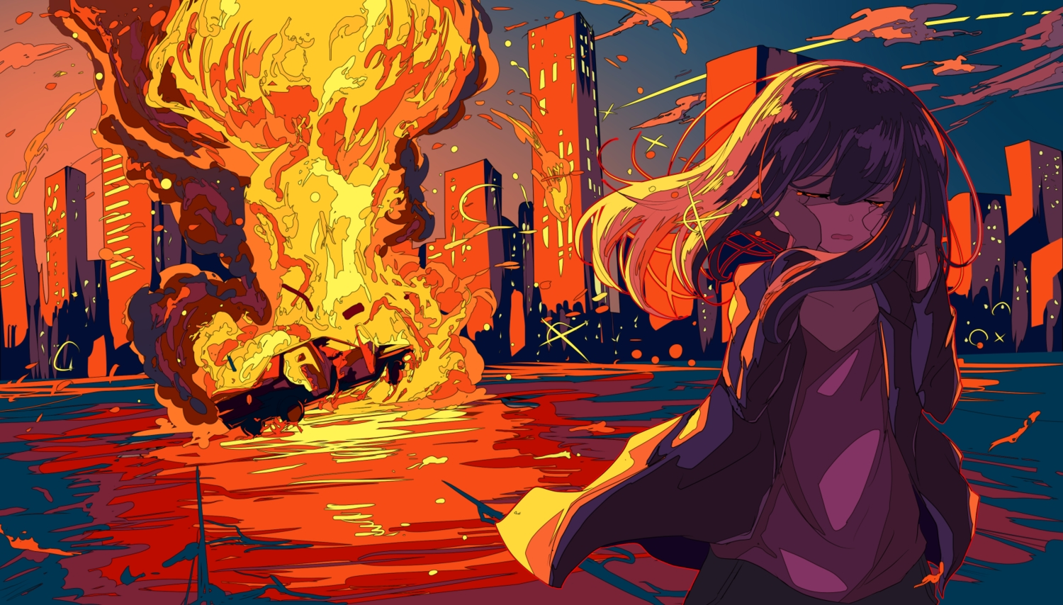 berryverrine, brown_hair, building, car, city, fire, long_hair, original