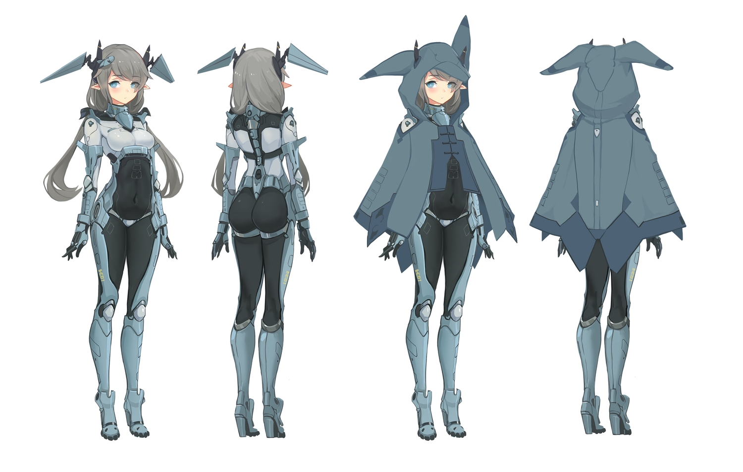 aqua_eyes, ass, bodysuit, breasts, cape, gray_hair, hood, long_hair