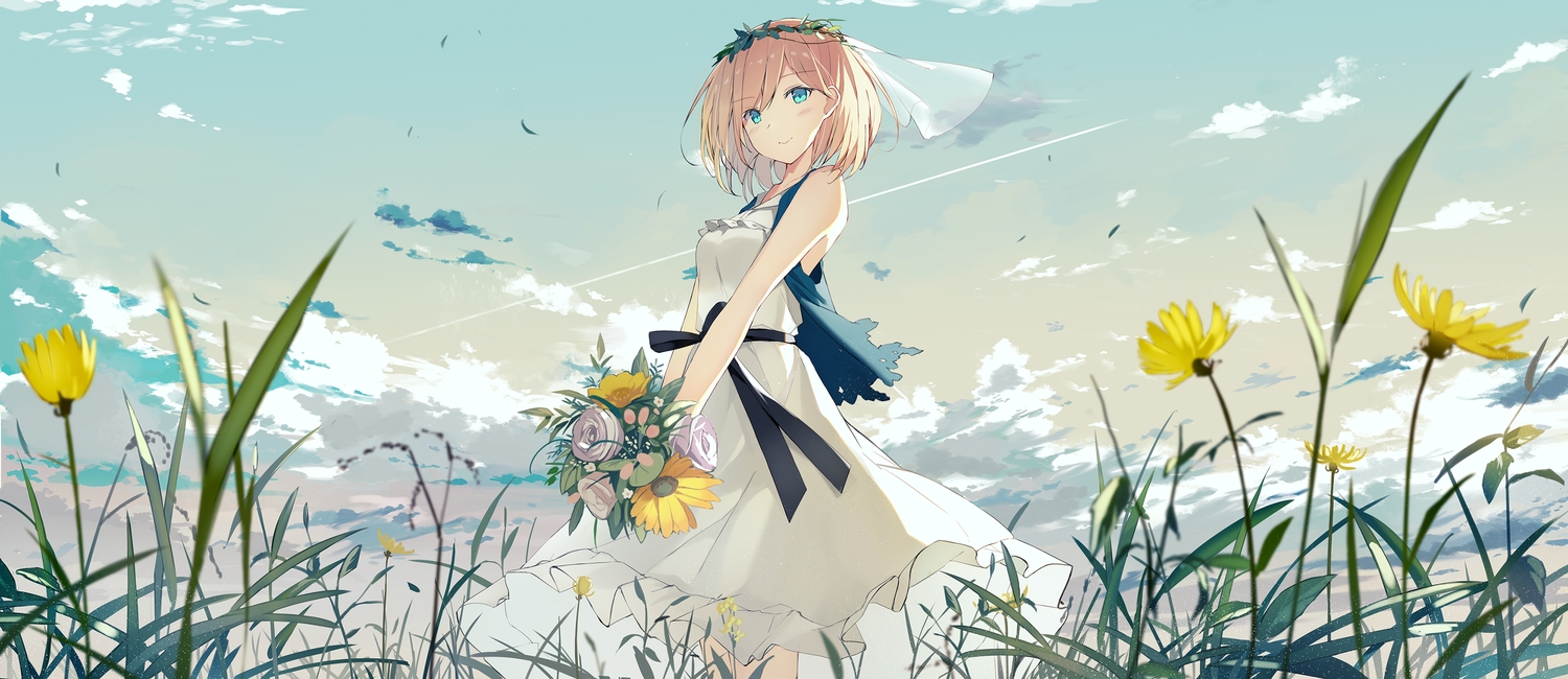 aqua_eyes, ashima_(roro046), blonde_hair, clouds, dress, flowers, grass, original