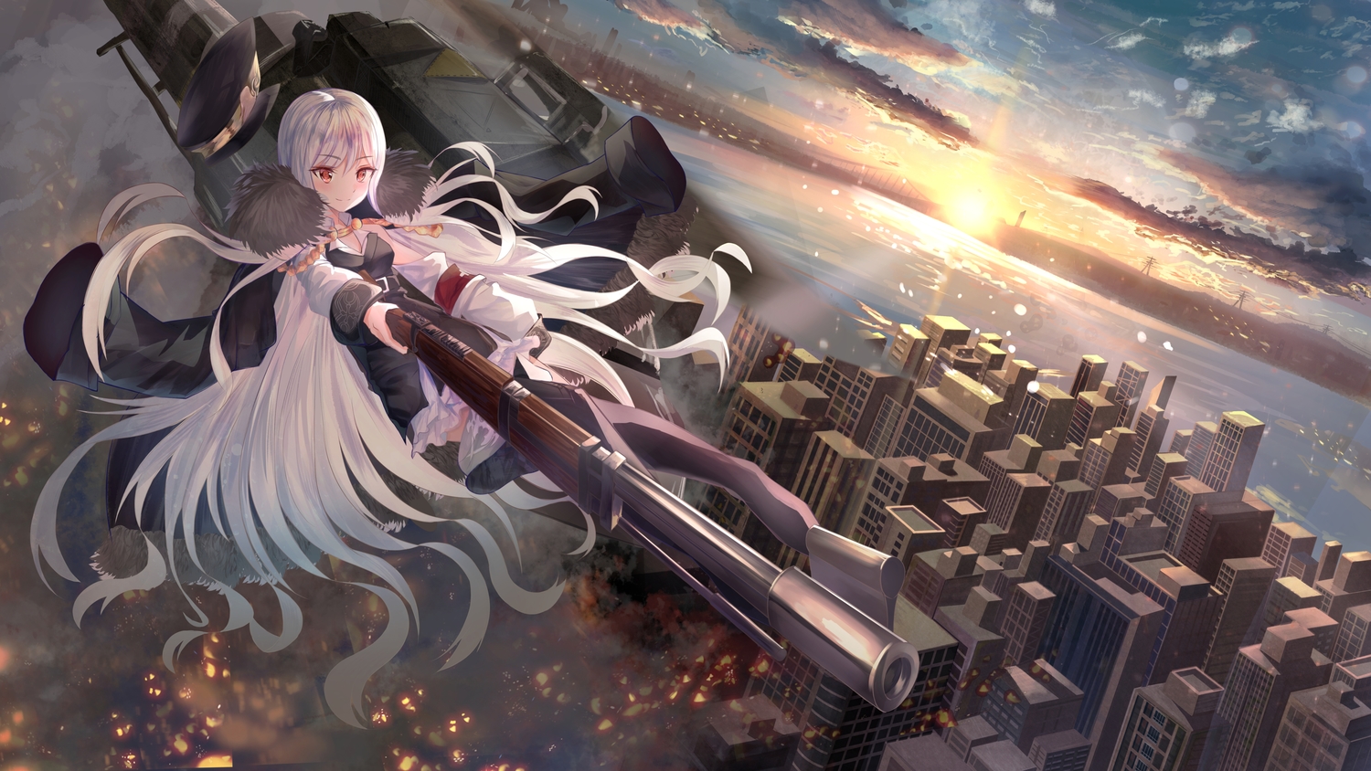 anthropomorphism, building, city, girls_frontline, gun, kar98k_(girls_frontline), landscape, pray_(furei)