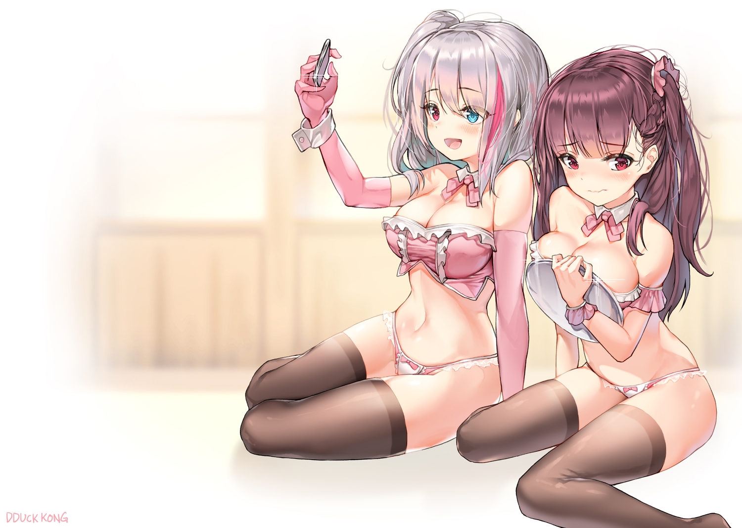 2girls, anthropomorphism, blush, breast_hold, breasts, camera, cleavage, elbow_gloves