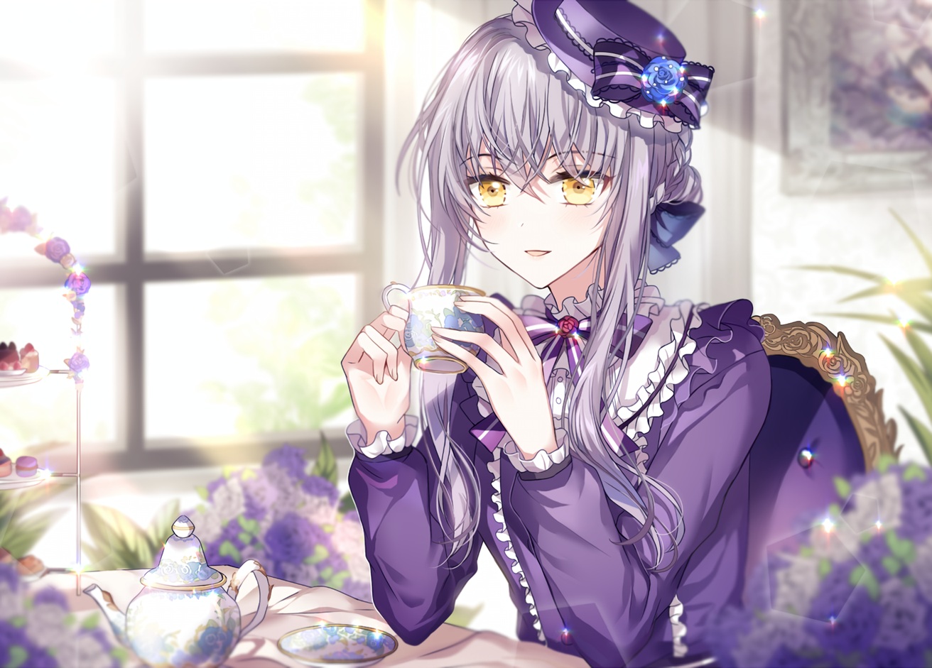 bang_dream!, braids, drink, flowers, food, goth-loli, gray_hair, hat, lolita_fashion, long_hair, minato_yukina, nennen, waifu2x, yellow_eyes