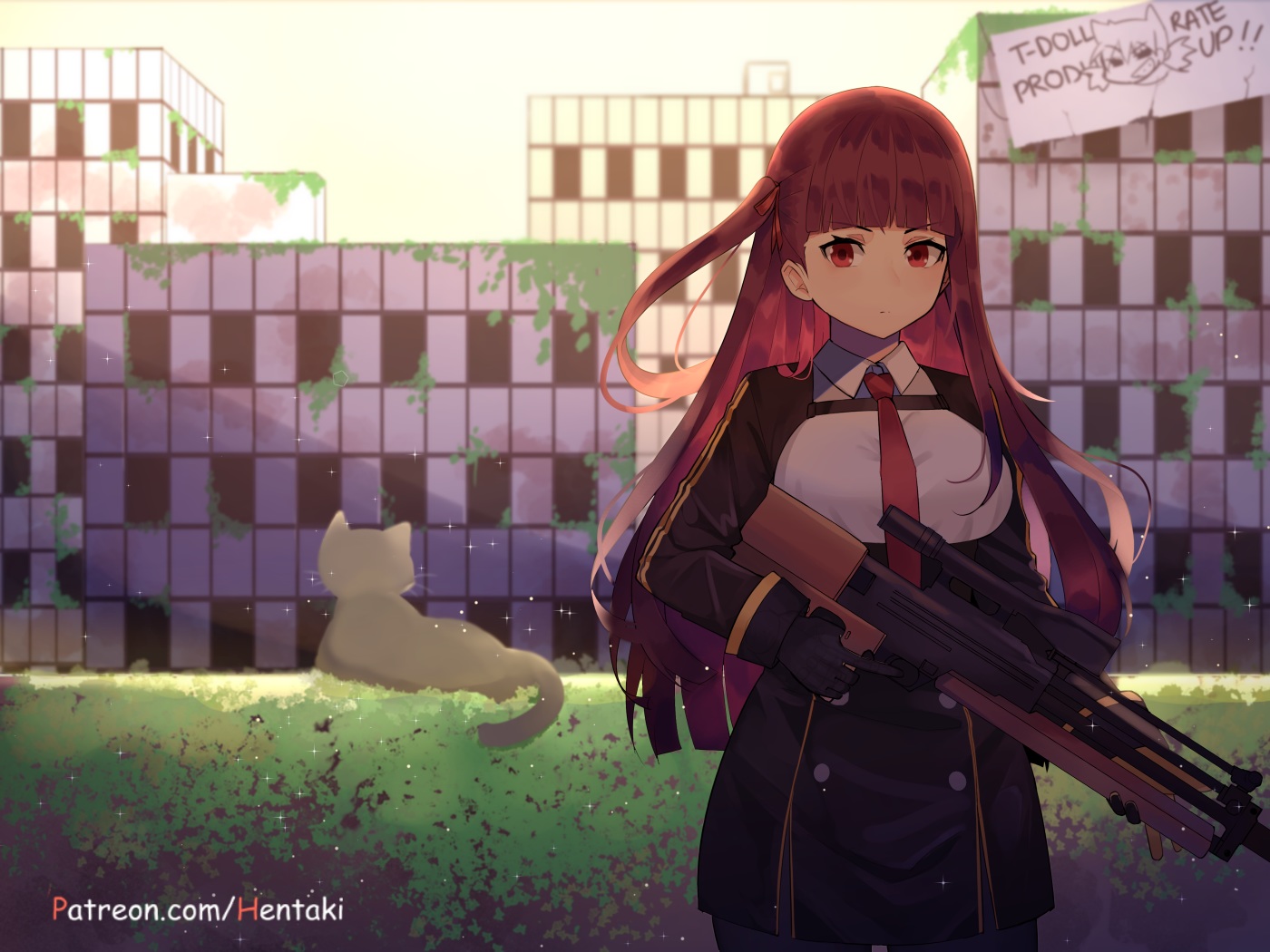 animal, anthropomorphism, building, cat, city, girls_frontline, gloves, gun, hentaki, long_hair, red_eyes, red_hair, ruins, uniform, wa2000_(girls_frontline), watermark, weapon