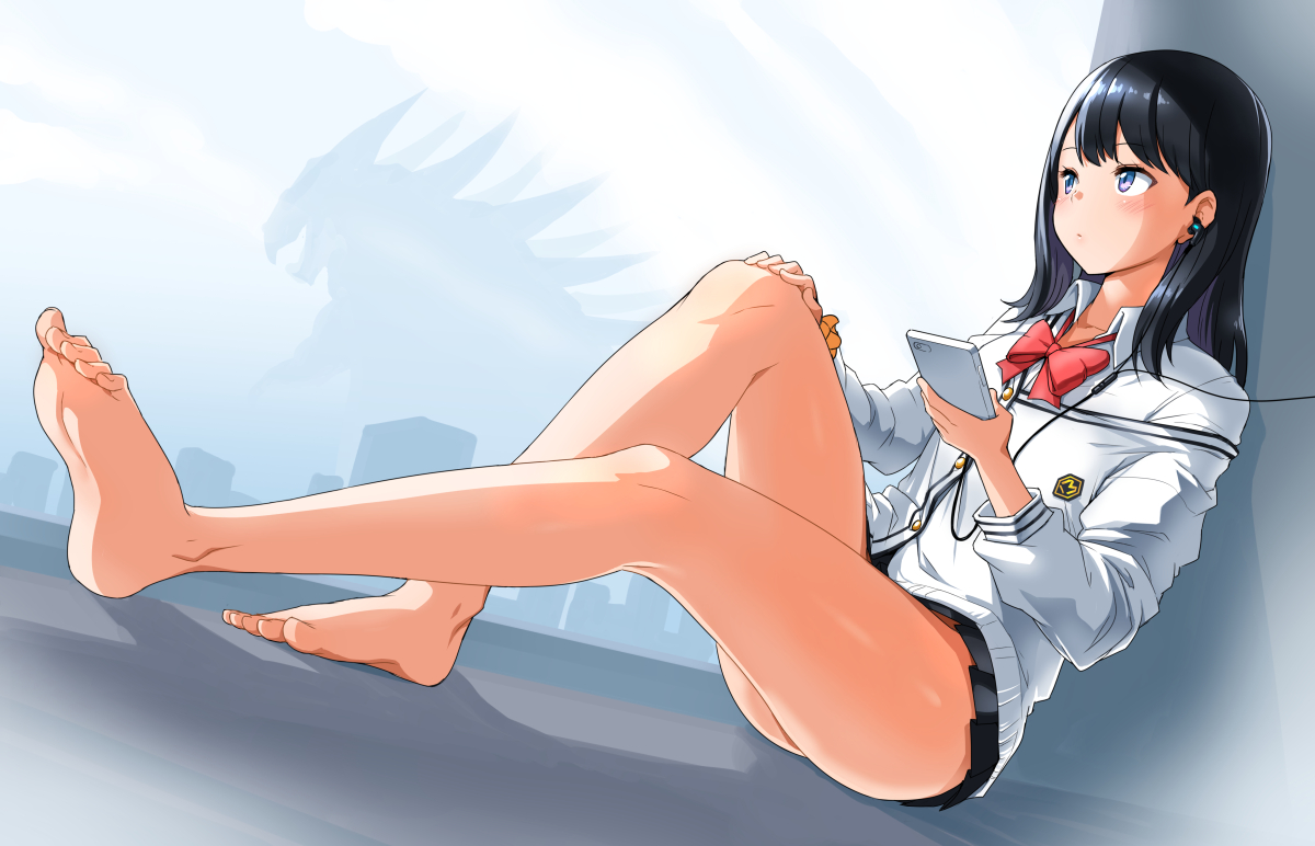 aliasing, barefoot, black_hair, blue_eyes, bow, headphones, long_hair, phone