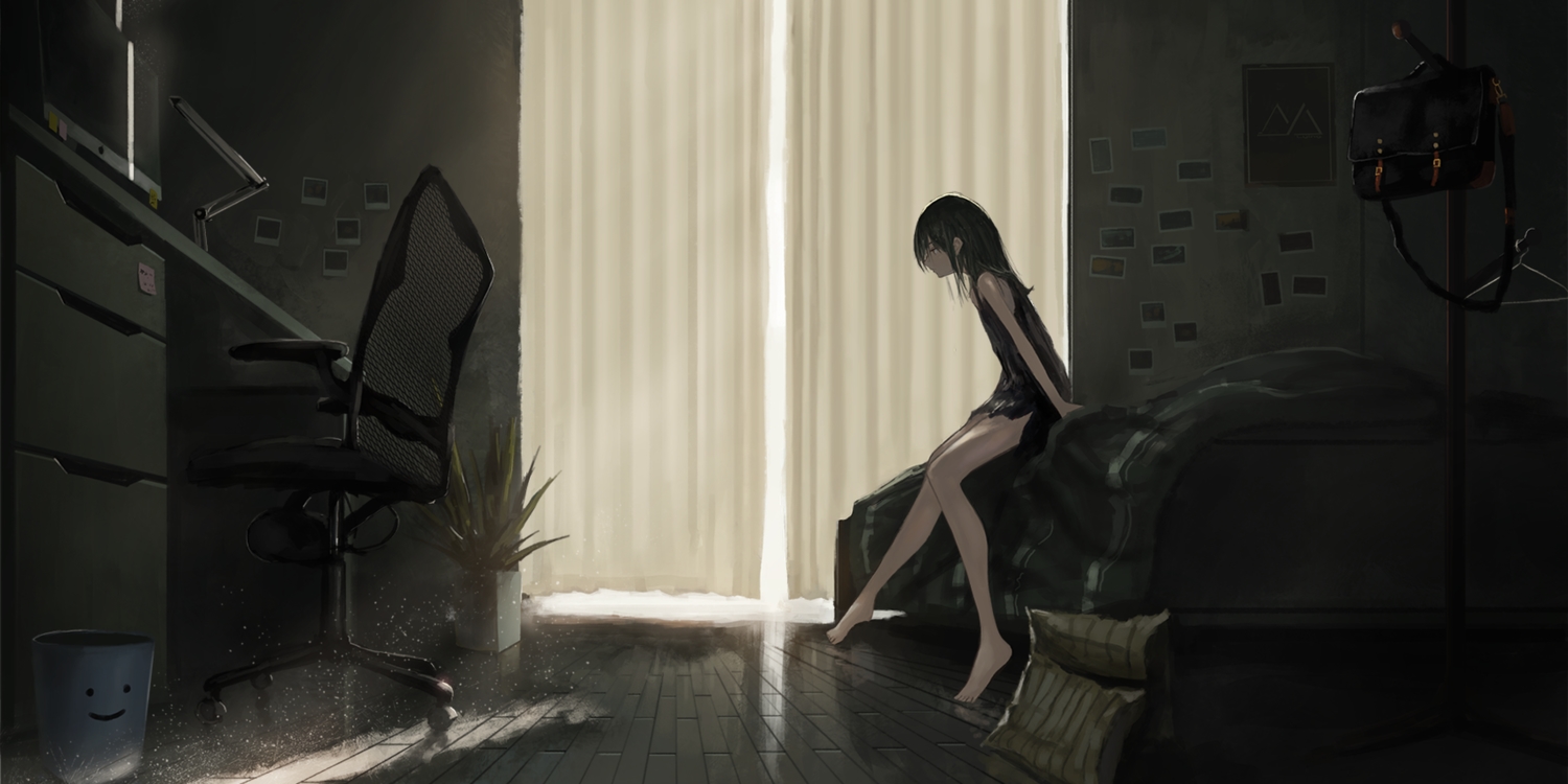 barefoot, bed, black_hair, computer, dark, dress, kagumanikusu, long_hair, original