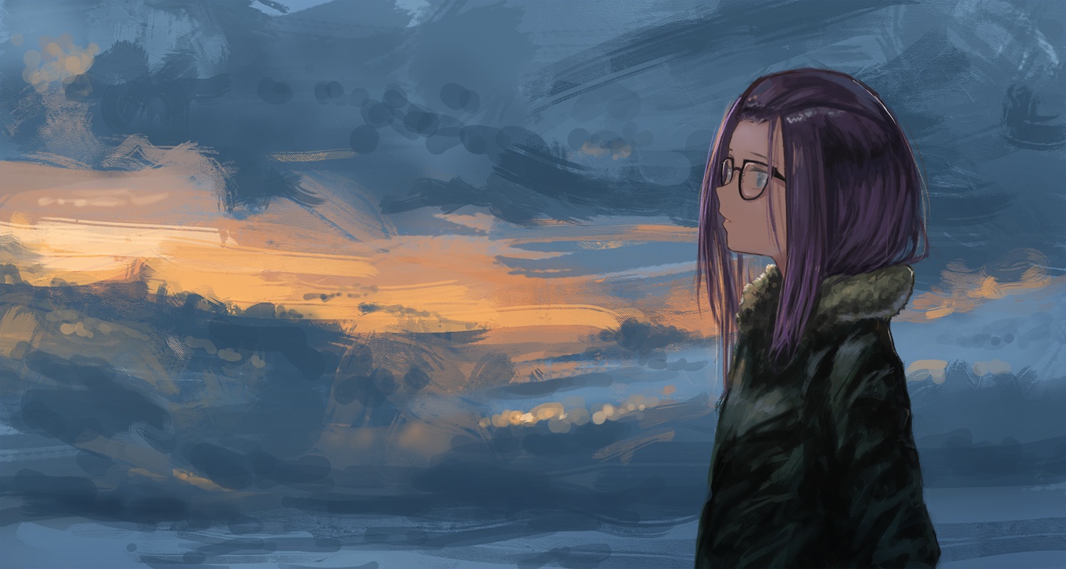 blue_eyes, clouds, glasses, kagamihara_sakura, kagumanikusu, purple_hair, short_hair, sky