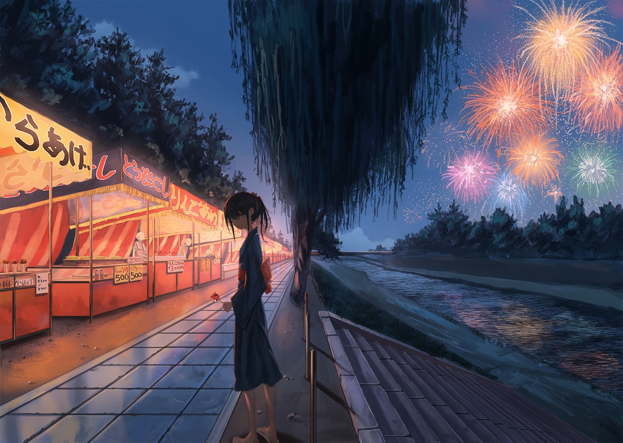apple, aqua_eyes, black_hair, candy, clouds, festival, fireworks, food