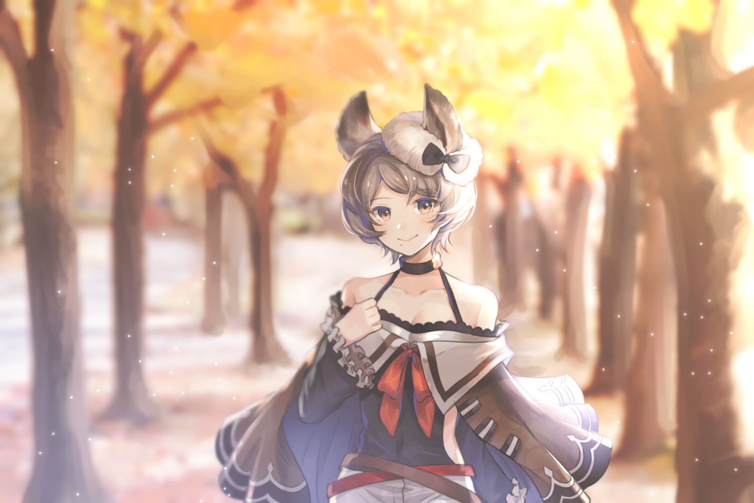 animal_ears, blush, brown_eyes, brown_hair, cape, choker, granblue_fantasy, myusha, short_hair, sutera_(granblue_fantasy), tree