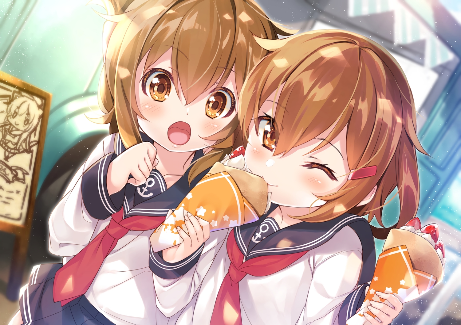 2girls, anthropomorphism, blush, brown_eyes, brown_hair, close, food, fruit