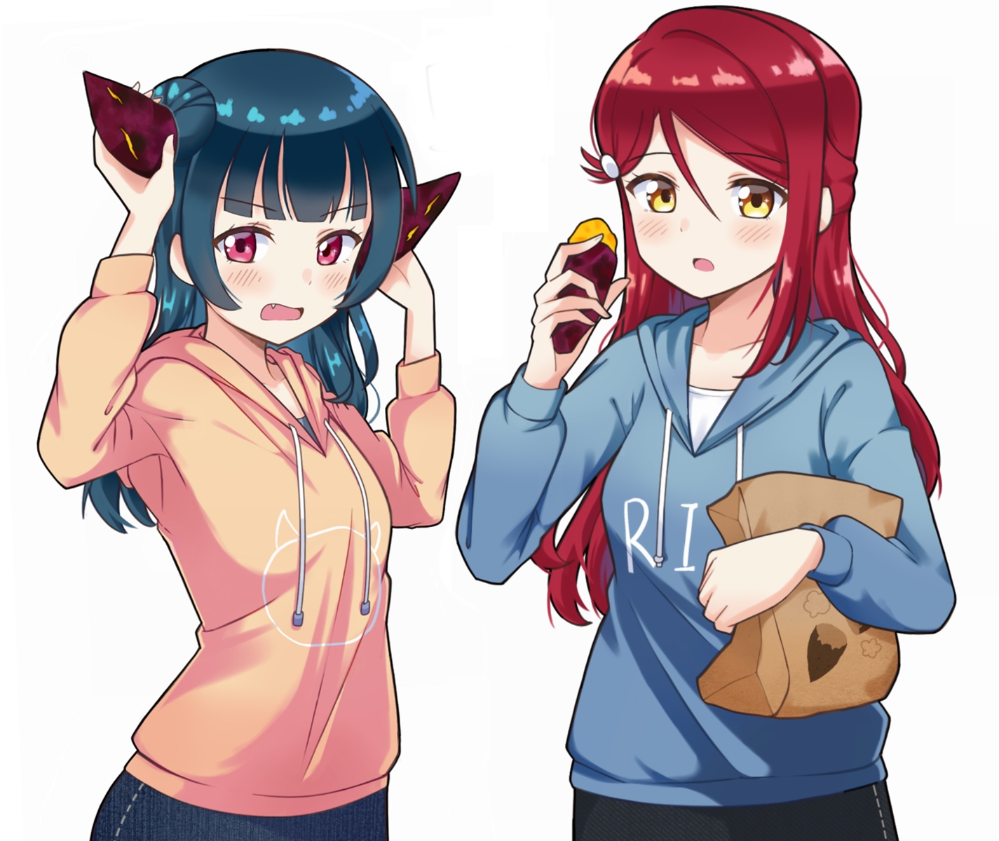 2girls, blue_hair, blush, ceph_(greatyazawa1819), cropped, fang, food, hood, long_hair, love_live!_school_idol_project, love_live!_sunshine!!, pink_eyes, red_hair, sakurauchi_riko, tsushima_yoshiko, white, yellow_eyes