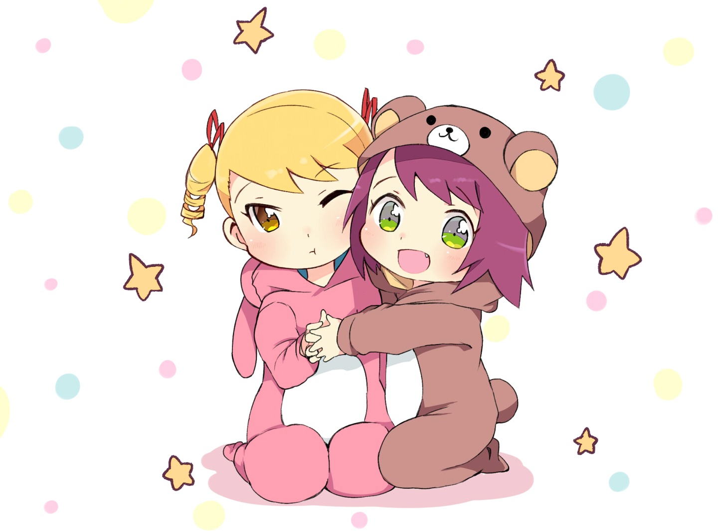 2girls, animal_ears, blonde_hair, fang, green_eyes, hibiki_misora, hood, hug, loli, miyata_(lhr), pajamas, purple_hair, rockman, ryuusei_no_rockman, shirogane_luna, short_hair, tail, twintails, waifu2x, white, wink, yellow_eyes