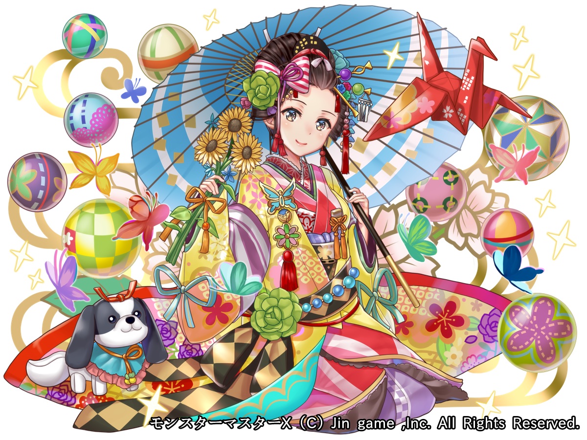 ball, brown_eyes, brown_hair, butterfly, doll, flowers, hakudatofu, headdress