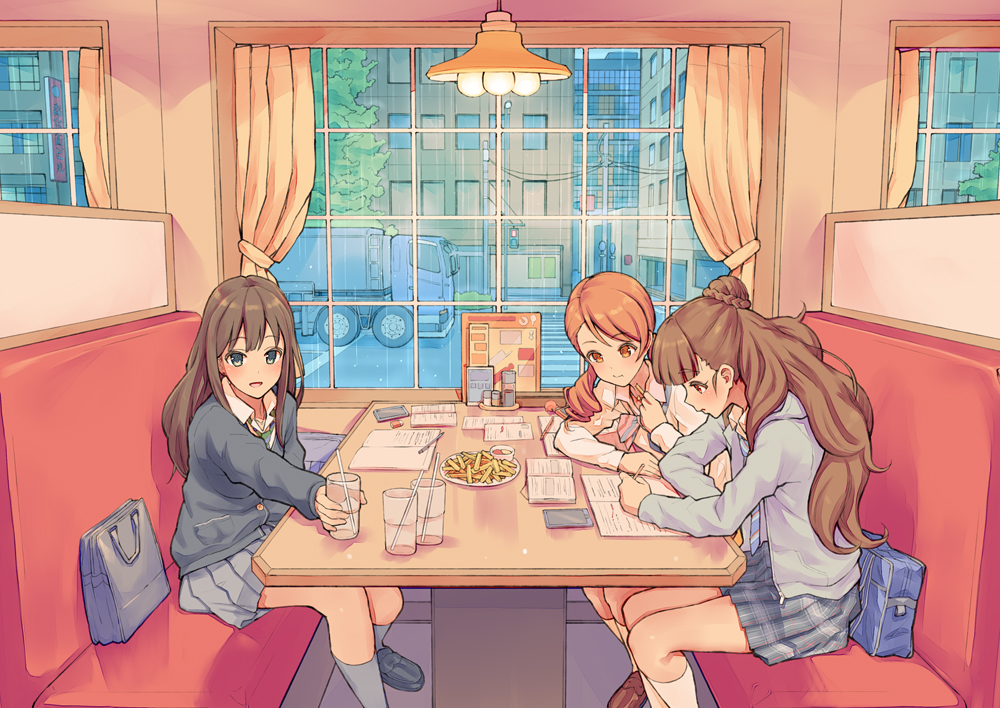 braids, brown_hair, building, city, drink, food, green_eyes, houjou_karen